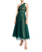 One-shoulder Glittery Tulle Midi Gown W/ Beaded Floral Appliques