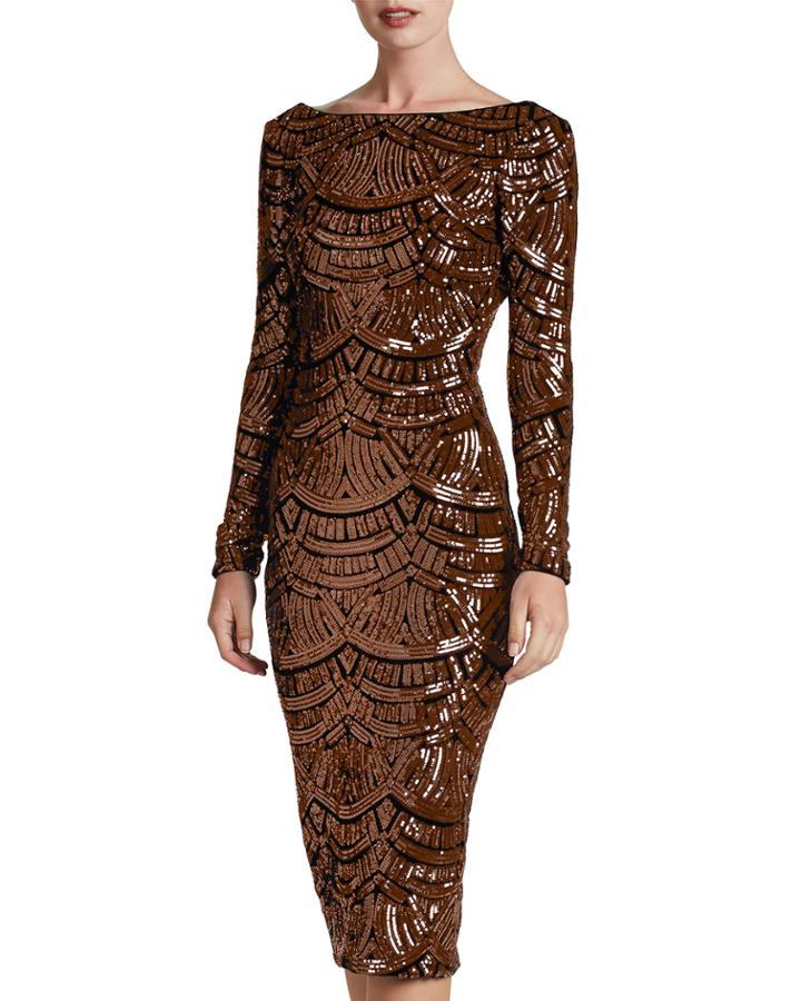 Emery Long-sleeve Scoop-back Deco-sequin Midi Cocktail Dress