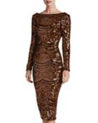 Emery Long-sleeve Scoop-back Deco-sequin Midi Cocktail Dress