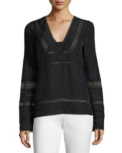 Long-sleeve Silk Lace-trim Blouse, Black