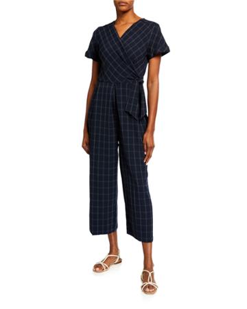 Windowpane Print Faux-wrap Cropped Jumpsuit