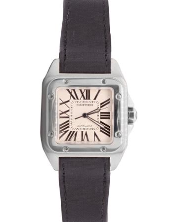Pre-owned 40mm Santos De Cartier Watch With Leather Strap, Black/silver