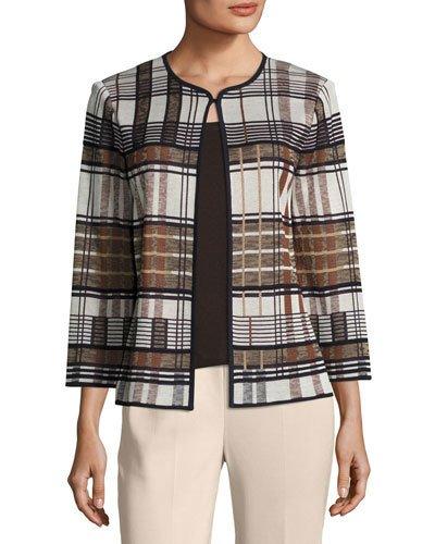 3/4-sleeve Grid-print Knit Jacket,