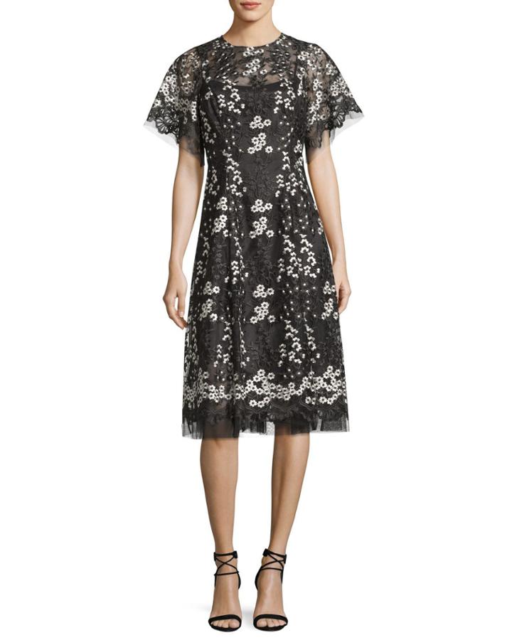 Floral Embroidered Tulle Midi Cocktail Dress
