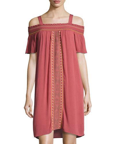 Smocked Off-the-shoulder Embroidered Dress, Brown