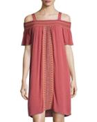Smocked Off-the-shoulder Embroidered Dress, Brown