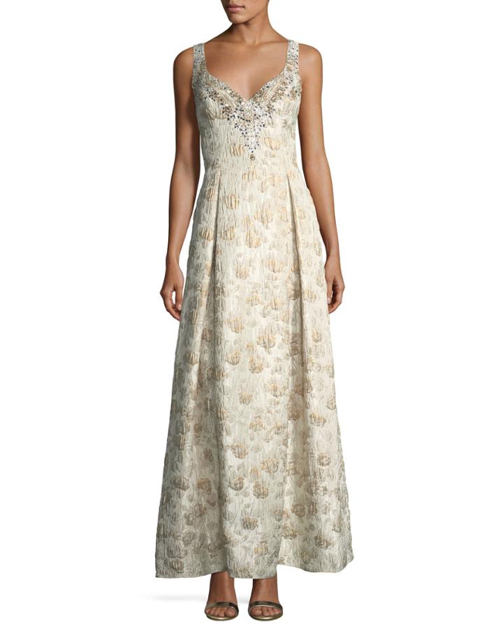 Sweetheart Sleeveless Jacquard Beaded Evening Gown
