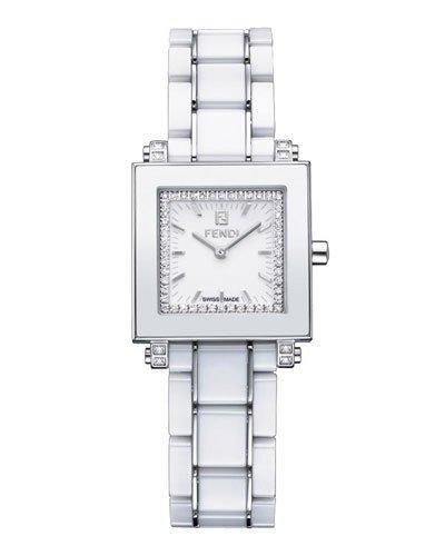 25mm Ceramic, Diamond & Stainless Steel Square Watch, White