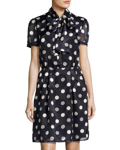 Tie-neck Polka-dot Dress, Blue/white