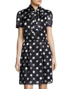 Tie-neck Polka-dot Dress, Blue/white