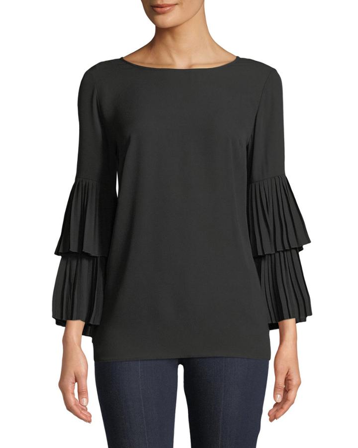Tiered Pleated Bell-sleeve Blouse