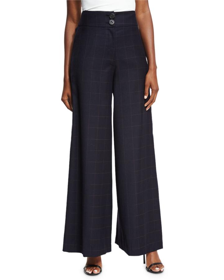 Beatrice Wide-leg High-waist Check Wool Trousers