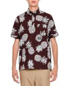 Pineapple-print Short-sleeve Popover Shirt, Burgundy