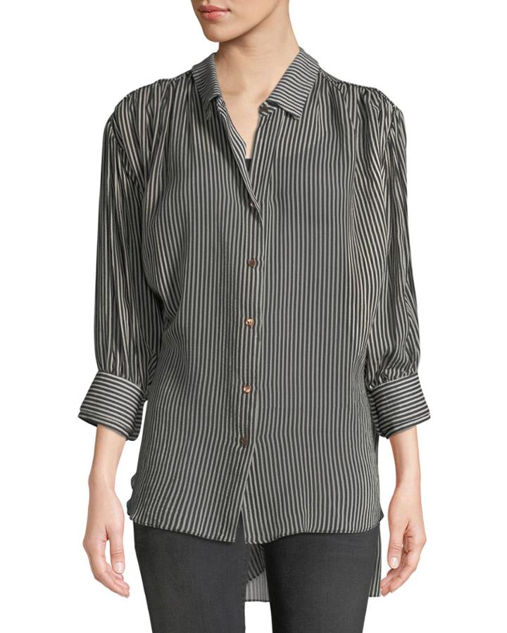 Ruched Button-up Long-sleeve Top