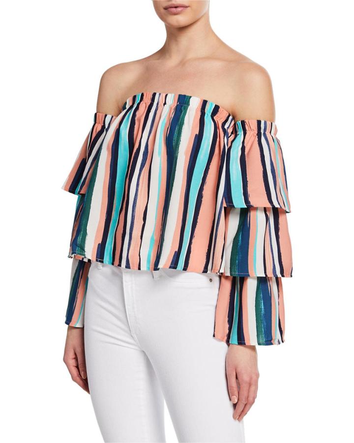 Santorini Striped Ruffle Off-the-shoulder Top