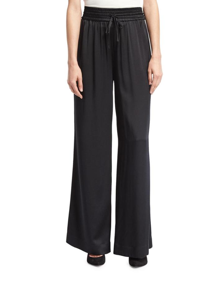 Wide-leg Drawstring Satin Pants, Black