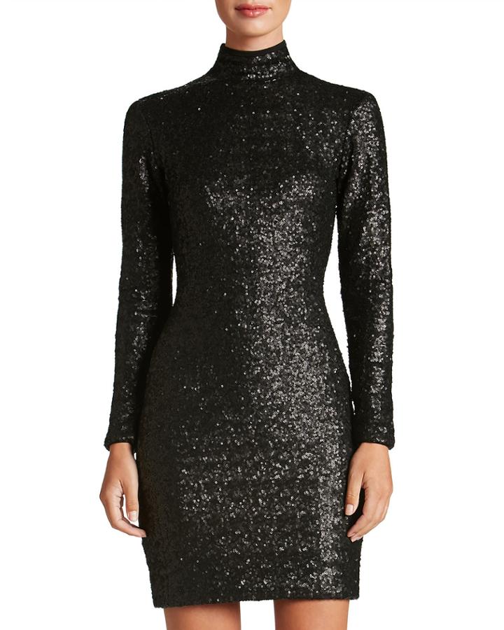 Janis Mock-neck Long-sleeve Body-con Mini Sequin Cocktail Dress