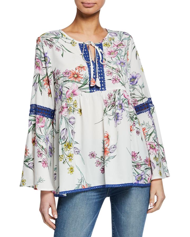 Floral-print Blouse W/ Crotchet Trim