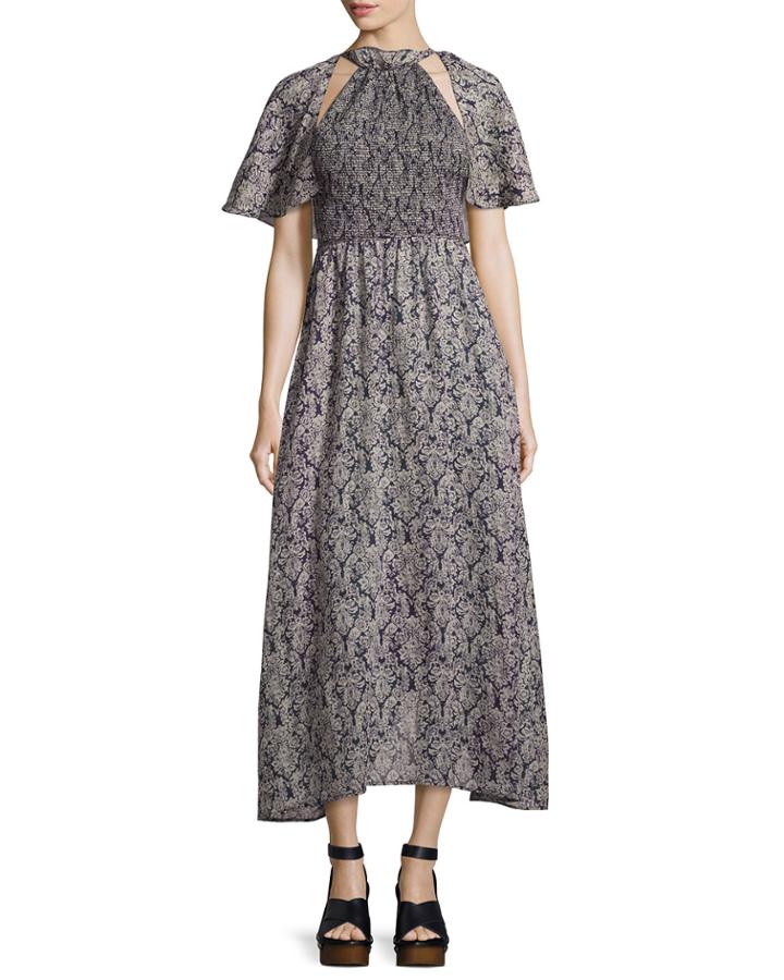 Baroque-print Cold-shoulder Maxi Dress, Navy