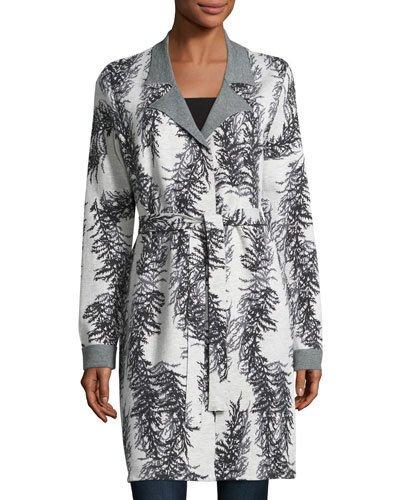 Branch-print Belted Cardigan, Gray