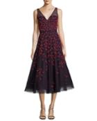 Embroidered Vine Sleeveless Cocktail Dress, Blue/red
