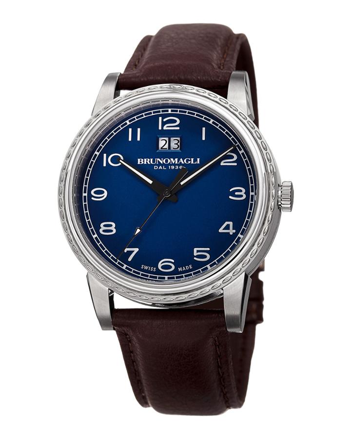 Men's 43mm Leather Watch W/ Blue Dial
