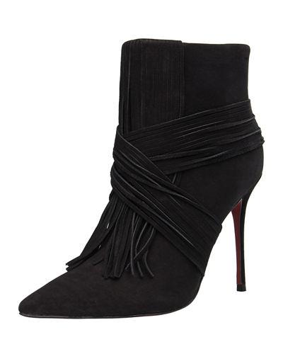 Scarlet Leather Fringe Bootie