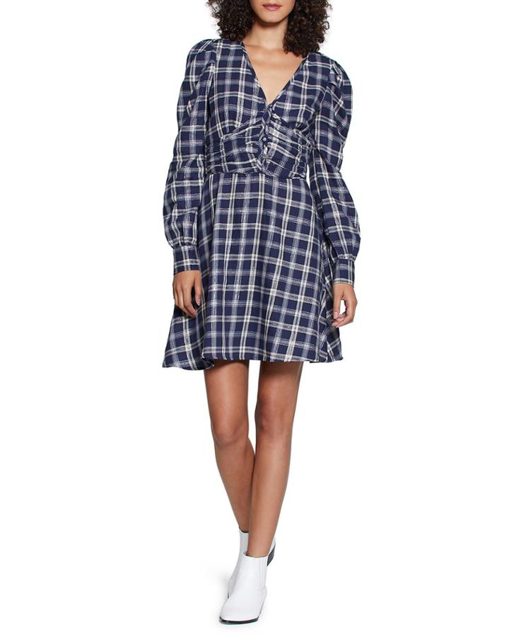 Nikol Ruched Metallic Plaid Tunic Dress