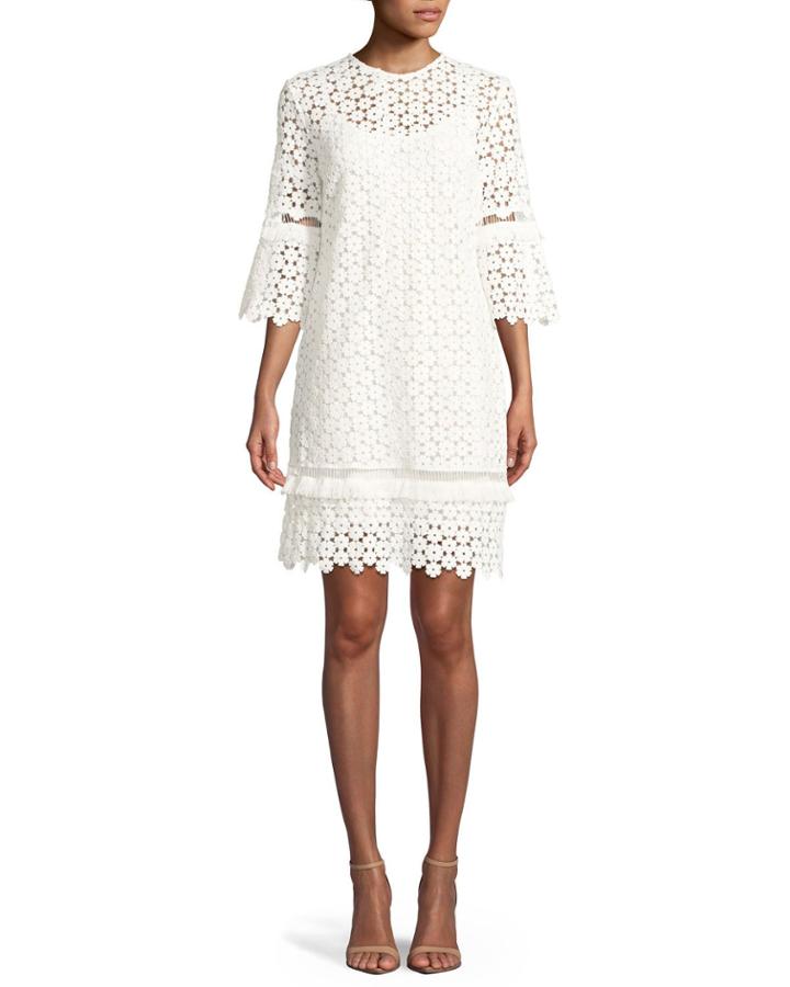 Flutter-sleeve Shift Floral-lace Tunic Dress