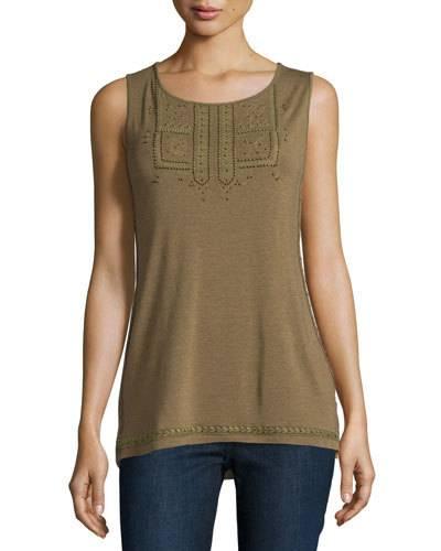 Beaded Embroidered Scoop-neck Tank, Camo