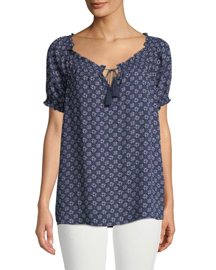 Medallion-print Smocked Tie-neck Blouse