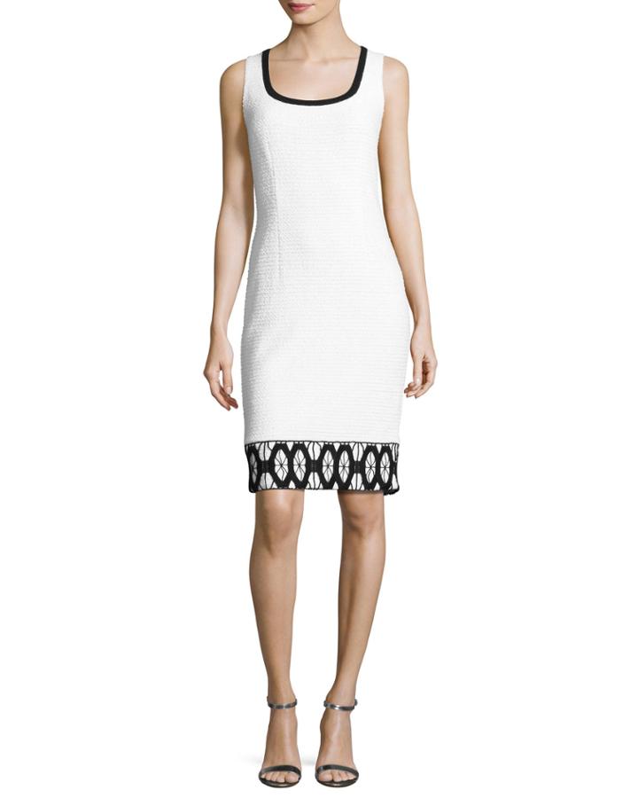 Sara Sleeveless Lace-trim Sheath Dress, White/black