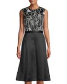 Scribble-print A-line Combo Dress, Chalk/black