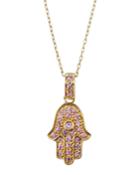 14k Gold Pink Sapphire Small Hamsa Pendant Necklace