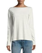 Speed-stitch Long-sleeve Striped Top, White/gray