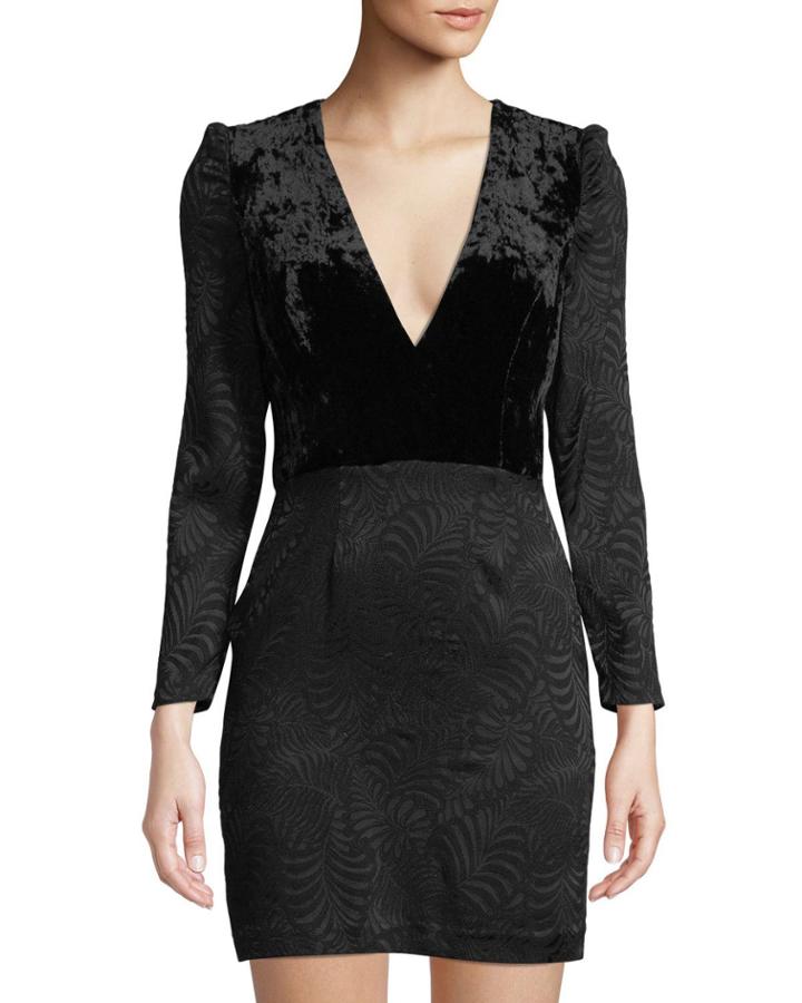 Velvet-bodice Long-sleeve Jacquard Mini Dress, Black