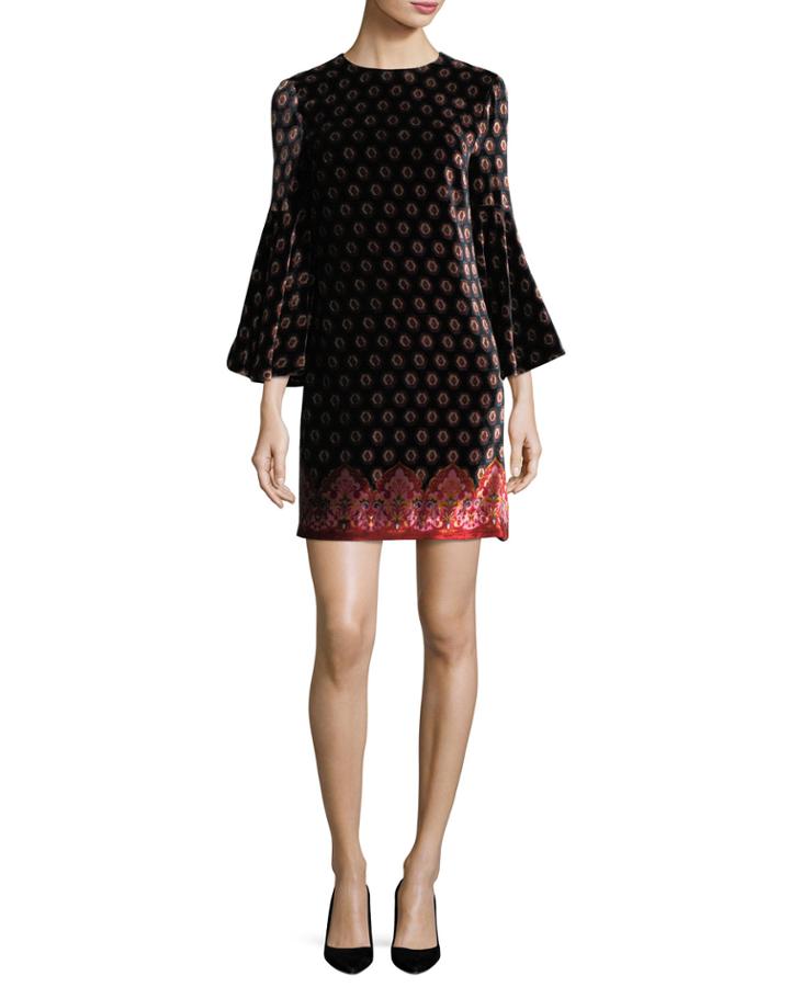 Printed Velvet Bell-sleeve Dress