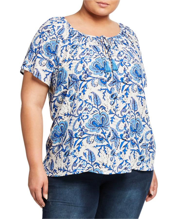 Plus Size Floral Tassel Tie Flutter-sleeve Top, Blue