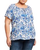 Plus Size Floral Tassel Tie Flutter-sleeve Top, Blue