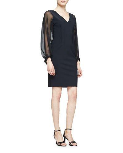Long-sheer-sleeve Sheath Cocktail Dress, Black