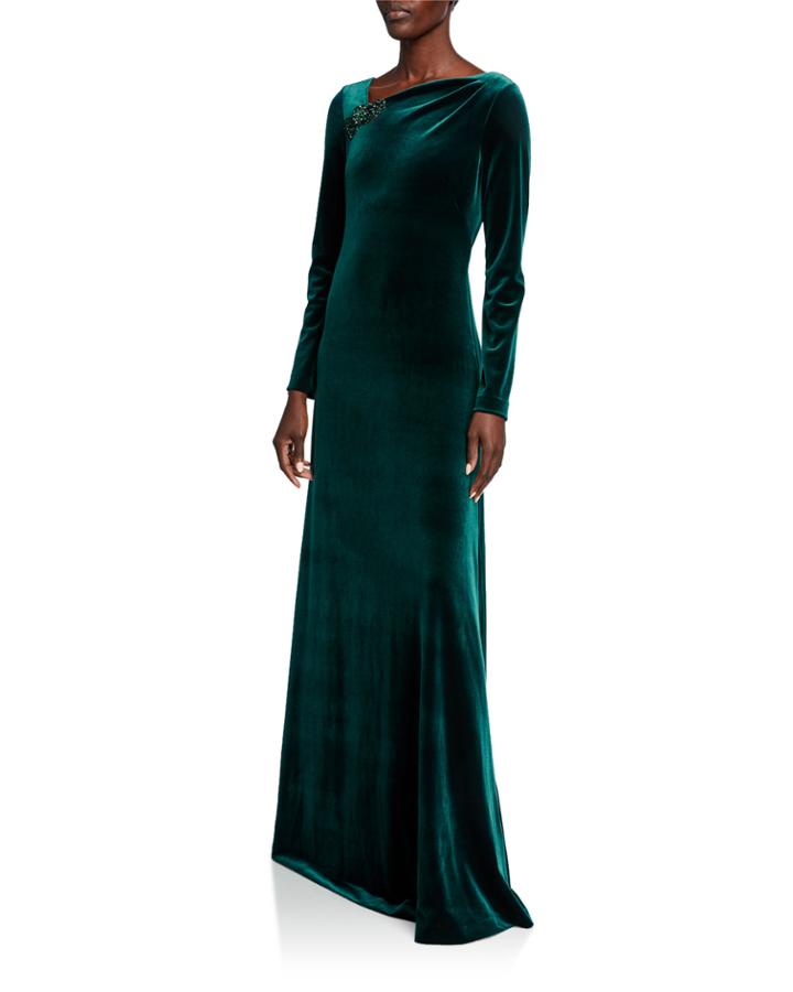 Asymmetric Neck Long-sleeve Velvet Gown