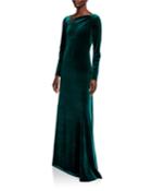 Asymmetric Neck Long-sleeve Velvet Gown