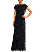 Beaded Cowl-back Short-sleeve Gown