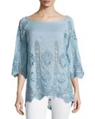Lace Panel Boat-neck Cotton-blend Top, French Blue