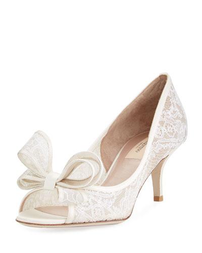 Lace Peep-toe Pump, White