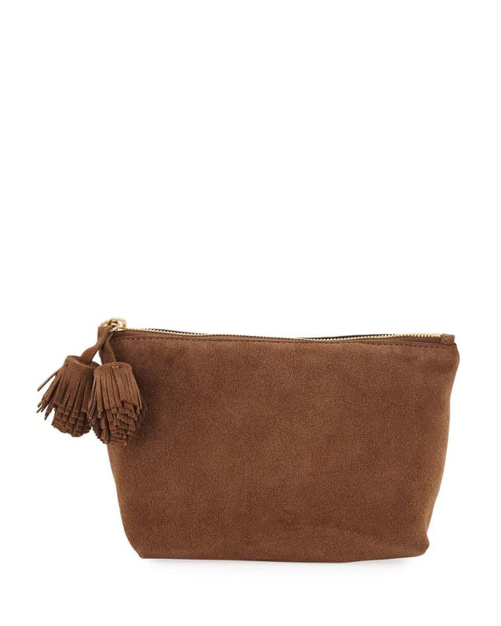 Suede Pompom Pouch Cosmetics Bag