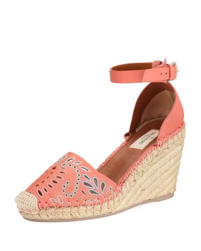 Embroidered Wedge Espadrille, Coral