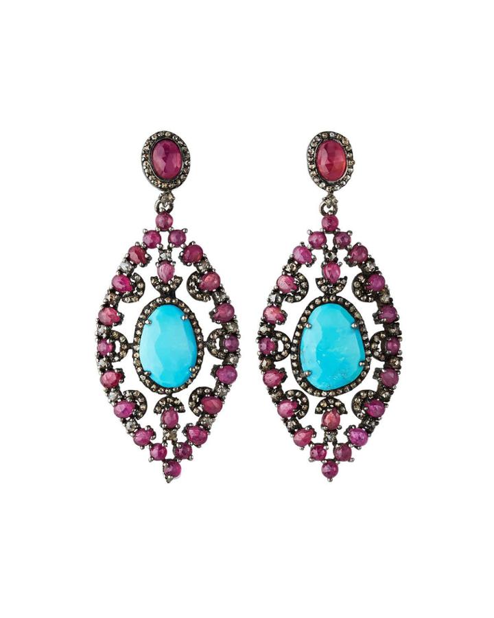 Glass Ruby And Turquoise-drop Earrings