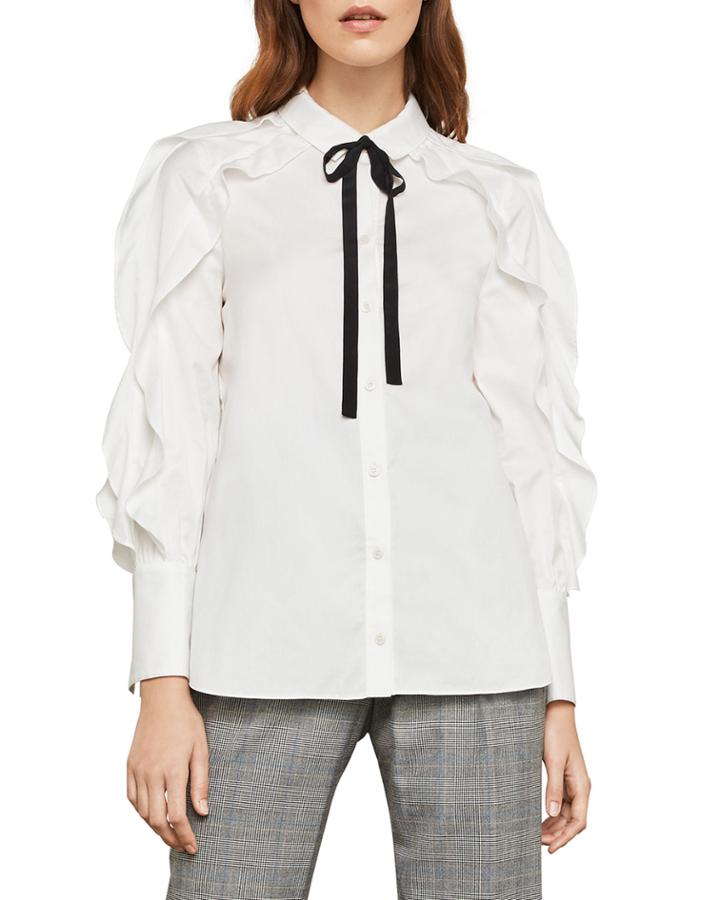 Tie-neck Button-down Cotton Ruffle Blouse