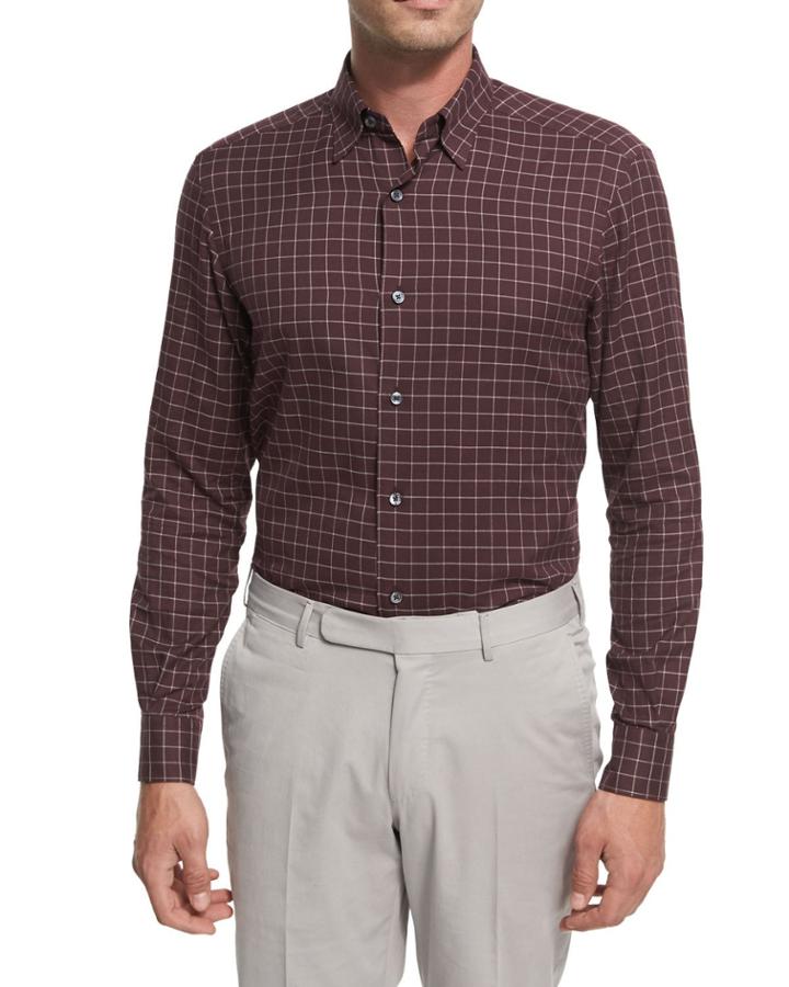 Grid-check Cotton Shirt, Burgundy/white